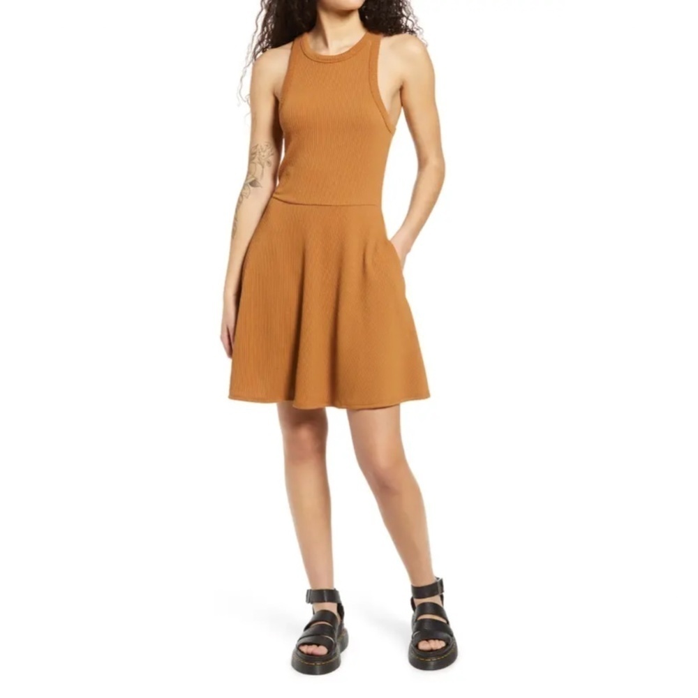 bp dark mustard yellow ribbed skater dress size 2X // 2014